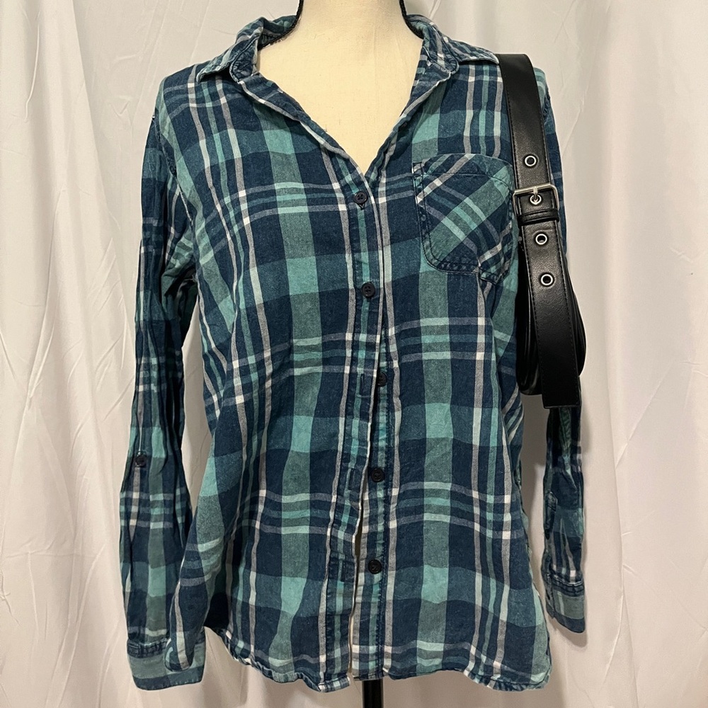Time and Tru Blue Plaid Button Down Shirt